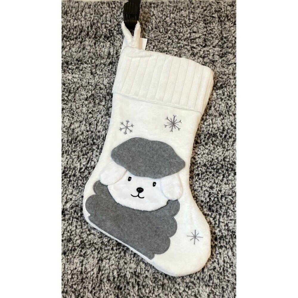 Christmas Holiday Stocking White Grey‎ Puppy Dog Beret NEW 17 Inch NEW